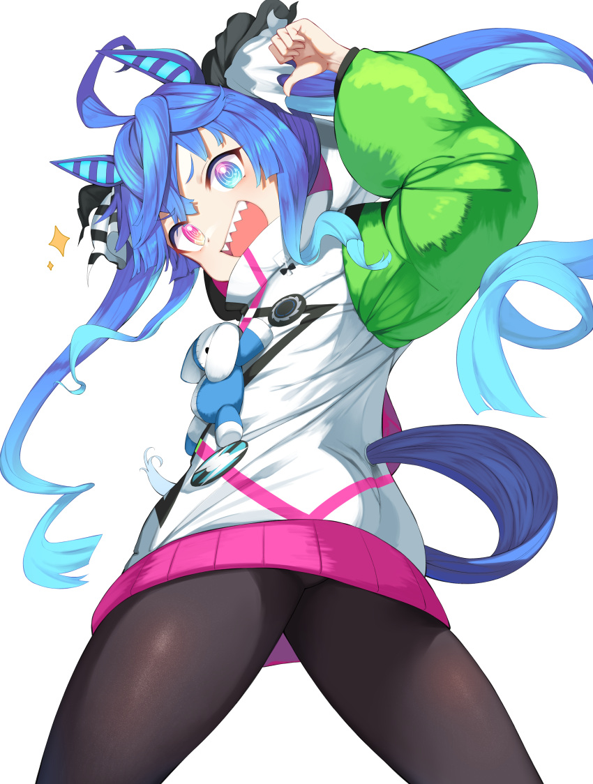 1girl @_@ absurdres ahoge animal_ears aqua_hair arm_up black_legwear black_ribbon blue_eyes blue_hair commentary_request gradient_hair green_sleeves hair_ribbon heterochromia highres hood hoodie horse_ears horse_girl horse_tail long_sleeves looking_at_viewer looking_back multicolored_hair open_mouth pantyhose pointing pointing_at_self red_eyes ribbon sharp_teeth solo stuffed_animal stuffed_bunny stuffed_toy tail teeth twin_turbo_(umamusume) twintails umamusume white_hoodie white_ribbon yamato_(muchuu_paradigm)