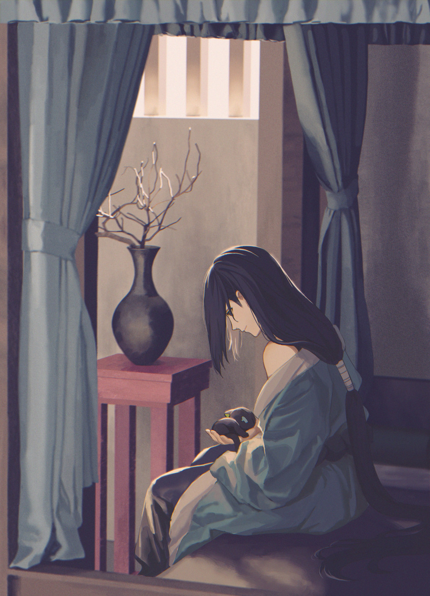 2boys absurdres animal black_cat black_hair cat curtains feet_out_of_frame heiamu highres holding holding_animal holding_cat long_hair luoxiaohei multiple_boys profile sitting smile table the_legend_of_luo_xiaohei vase wide_shot window wuxian_(the_legend_of_luoxiaohei)