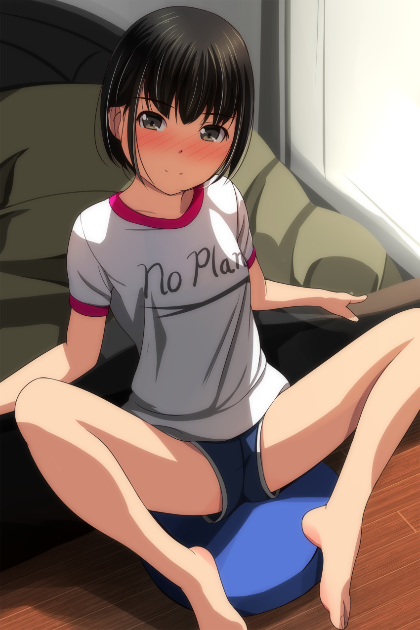 1girl absurdres bangs barefoot black_hair blue_shorts blush breasts brown_eyes closed_mouth clothes_writing eyebrows_visible_through_hair highres knees_up looking_at_viewer matsunaga_kouyou nose_blush original short_shorts short_sleeves shorts small_breasts smile solo spread_legs white_shorts wooden_floor