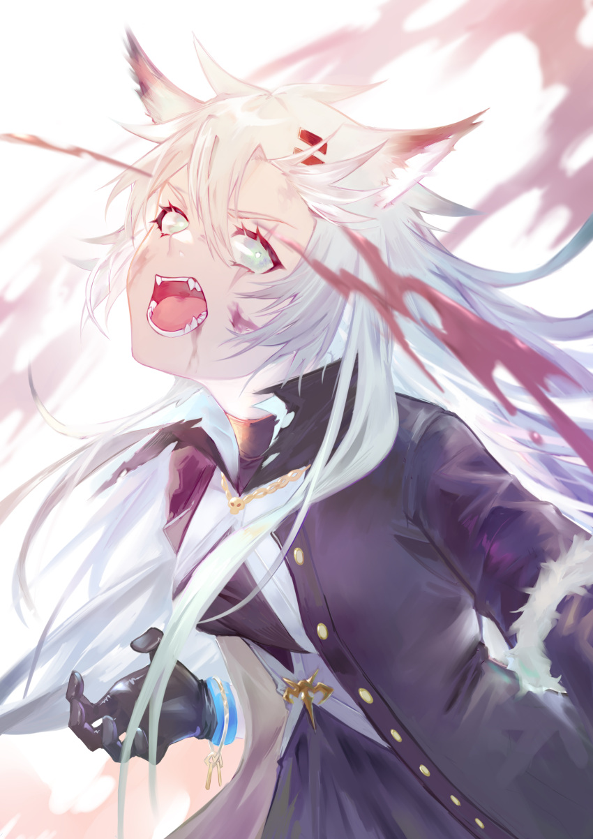 1girl absurdres animal_ears arknights bangs black_coat black_gloves blood blood_on_face coat gloves grey_eyes hair_ornament hairclip highres lappland_(arknights) lappland_(refined_horrormare)_(arknights) long_hair luciaz official_alternate_costume open_clothes open_mouth scar scar_across_eye solo white_hair wolf_ears wolf_girl