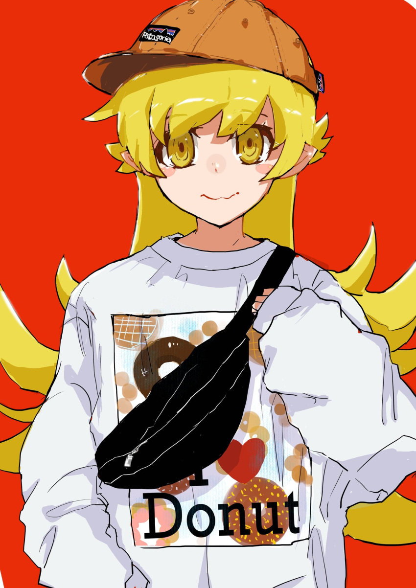 1girl arms_up bakemonogatari blonde_hair blush closed_mouth doughnut eyebrows_visible_through_hair fanny_pack food hair_between_eyes hair_ornament hairclip hand_up highres hood hoodie long_hair looking_at_viewer monogatari_(series) oshino_shinobu valhalla0707