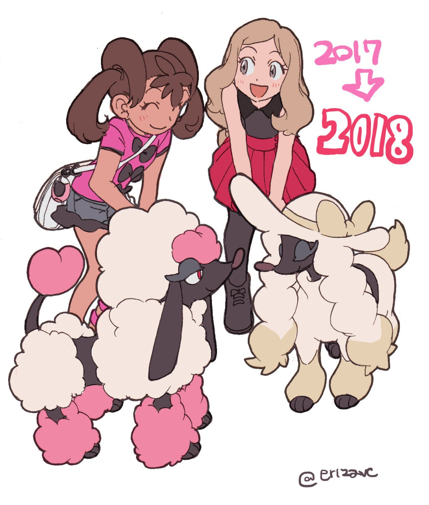 2017 2018 2girls black_footwear black_shirt black_thighhighs blonde_hair brown_eyes brown_hair closed_eyes dark-skinned_female dark_skin denim denim_shorts dog elizabeth_(tomas21) eyelashes full_body furfrou furfrou_(debutante) furfrou_(heart) highres long_hair looking_at_another multiple_girls open_mouth pink_fur pink_shirt pokemon pokemon_(creature) pokemon_xy poodle red_eyes red_skirt serena_(pokemon) shauna_(pokemon) shirt shorts simple_background skirt sleeveless sleeveless_shirt standing thigh-highs twintails white_background white_bag white_fur yellow_fur