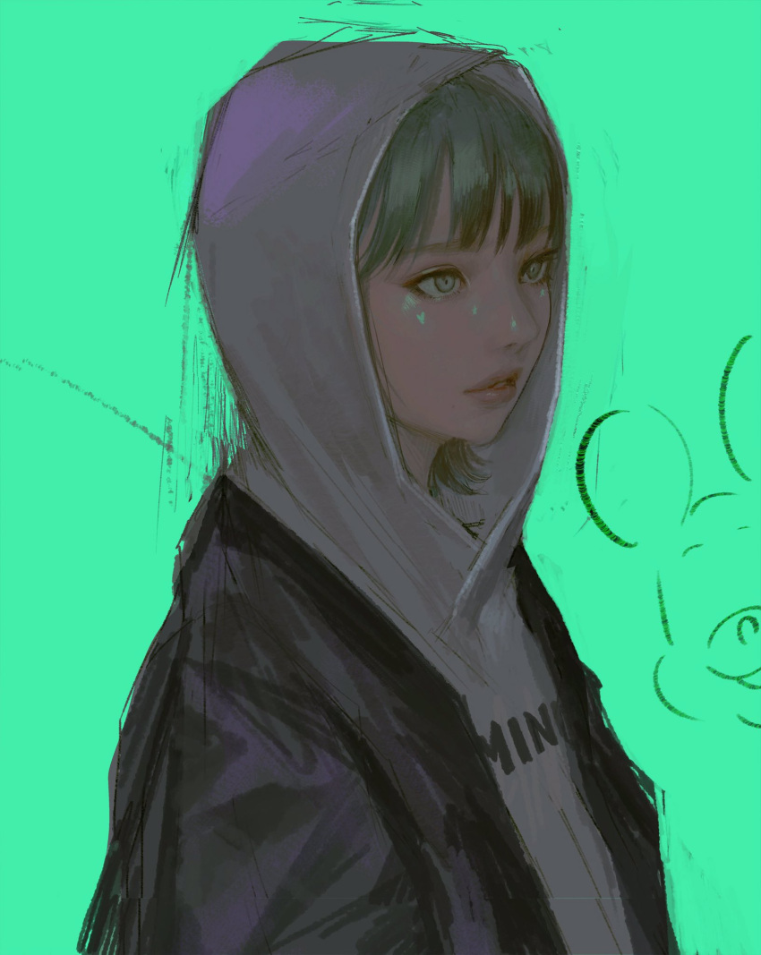 1girl black_jacket clothes_writing from_side green_background green_eyes green_hair heart_facial_mark highres hood hood_up hoodie jacket open_clothes open_jacket original parted_lips short_hair simple_background solo te'resa wataboku white_hoodie