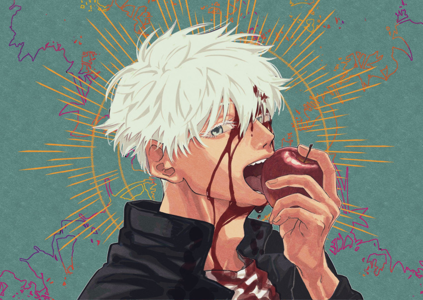 1boy bangs black_jacket bleeding blood blood_on_face bloody_clothes blue_background blue_eyes eyelashes food fruit fuse_(2sau3) gojou_satoru hair_between_eyes hand_up highres holding holding_food holding_fruit injury jacket jujutsu_kaisen long_sleeves looking_at_viewer male_focus open_mouth shirt short_hair solo upper_body white_hair white_shirt