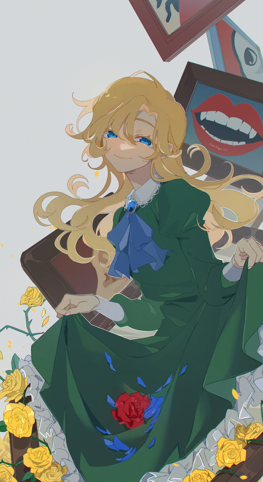 1girl absurdres blonde_hair blue_flower blue_neckwear blue_rose cravat dress flower frilled_dress frills green_dress grey_background highres ib juliet_sleeves kkaags lace-trimmed_collar lace_trim lips long_hair long_sleeves looking_at_viewer mary_(ib) mouth painting_(object) petals puffy_sleeves red_flower red_rose rose rose_petals skirt skirt_lift smile solo teeth thorns yellow_flower yellow_rose