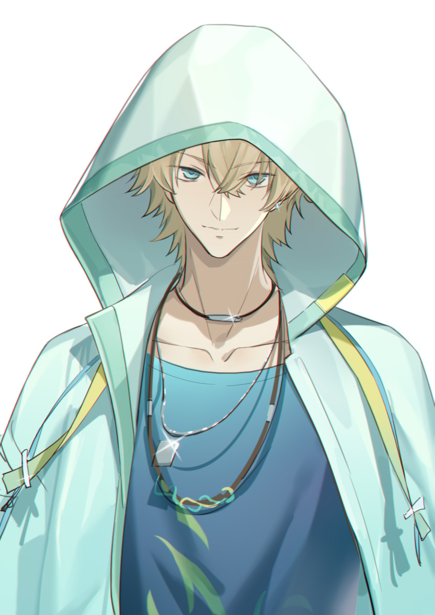 1boy arknights bangs blonde_hair blue_eyes blue_jacket blue_shirt closed_mouth collarbone commentary_request earrings eyebrows_visible_through_hair glint hair_between_eyes highres hood hood_up hooded_jacket jacket jewelry linhe_de_chuangzi looking_at_viewer male_focus open_clothes open_jacket shirt simple_background solo tequila_(arknights) upper_body white_background