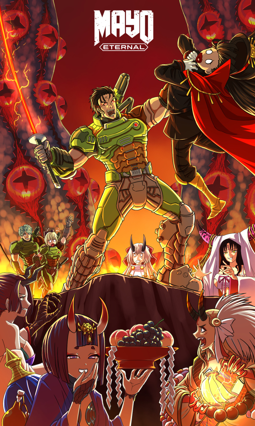 3boys 6+girls anger_vein arm_up asphyxiation banana bangs black_horns brown_footwear character_request choking claws cosplay demon_girl doom_(series) doom_eternal doomguy doomguy_(cosplay) fate/grand_order fate_(series) flaming_sword flaming_weapon food fruit gloves glowing glowing_eyes grapes hair_ornament highres horns ibaraki_douji_(fate) magic multiple_boys multiple_girls oda_nobunaga_(fate)_(all) oni oni_horns peach red_background red_eyes sheath sheathed shide shuten_douji_(fate) smile substance20 sword tomoe_gozen_(fate) violet_eyes weapon yellow_eyes