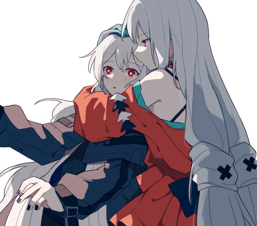 2girls :o aqua_gloves arknights black_dress black_nails blush bright_pupils closed_mouth coldcat. dress gloves hand_on_another's_head hug long_hair long_sleeves multiple_girls nail_polish off-shoulder_dress off_shoulder parted_lips red_dress red_eyes silver_hair simple_background skadi_(arknights) skadi_the_corrupting_heart_(arknights) specter_(arknights) twintails upper_body very_long_hair white_background wide-eyed yuri