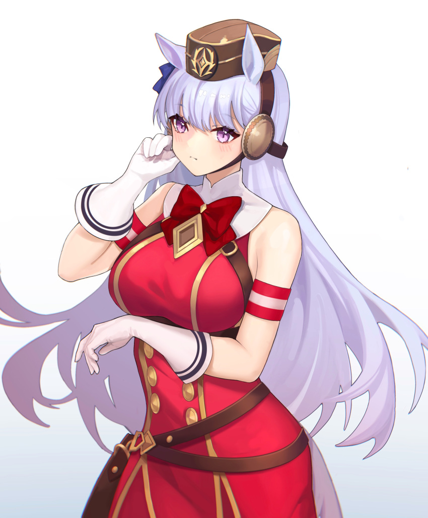 1girl absurdres animal_ears arm_strap bag bangs bare_shoulders belt blush bow bowtie breasts brown_headwear closed_mouth commentary_request cowboy_shot dress elbow_gloves eyebrows_visible_through_hair garrison_cap gloves gold_ship_(umamusume) hand_up hat highres horse_ears large_breasts long_hair looking_at_viewer mixed-language_commentary red_bow red_dress red_neckwear silver_hair solo tutou_jiang umamusume very_long_hair violet_eyes white_gloves