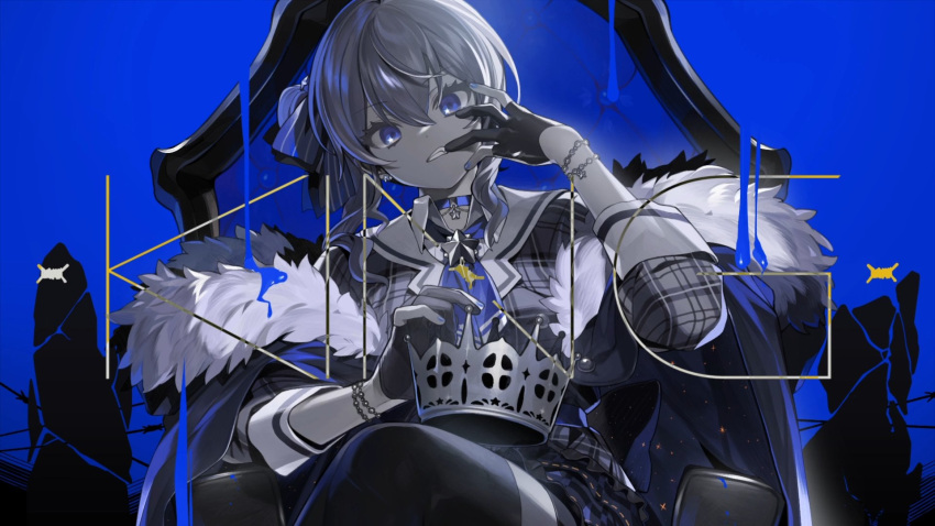 1girl bangs barbed_wire black_choker blue_background blue_eyes blue_neckwear blue_theme bracelet chair choker coat commentary_request crown crown_removed english_text finger_to_mouth fingerless_gloves fur-trimmed_coat fur_trim gloves grin hair_ornament hairclip highres holding holding_crown hololive hoshimachi_suisei jewelry king_(vocaloid) long_sleeves looking_at_viewer lunch_(lunchicken) official_art partially_fingerless_gloves second-party_source smile solo song_name star_(symbol) star_hair_ornament straight-on teeth thigh-highs throne virtual_youtuber