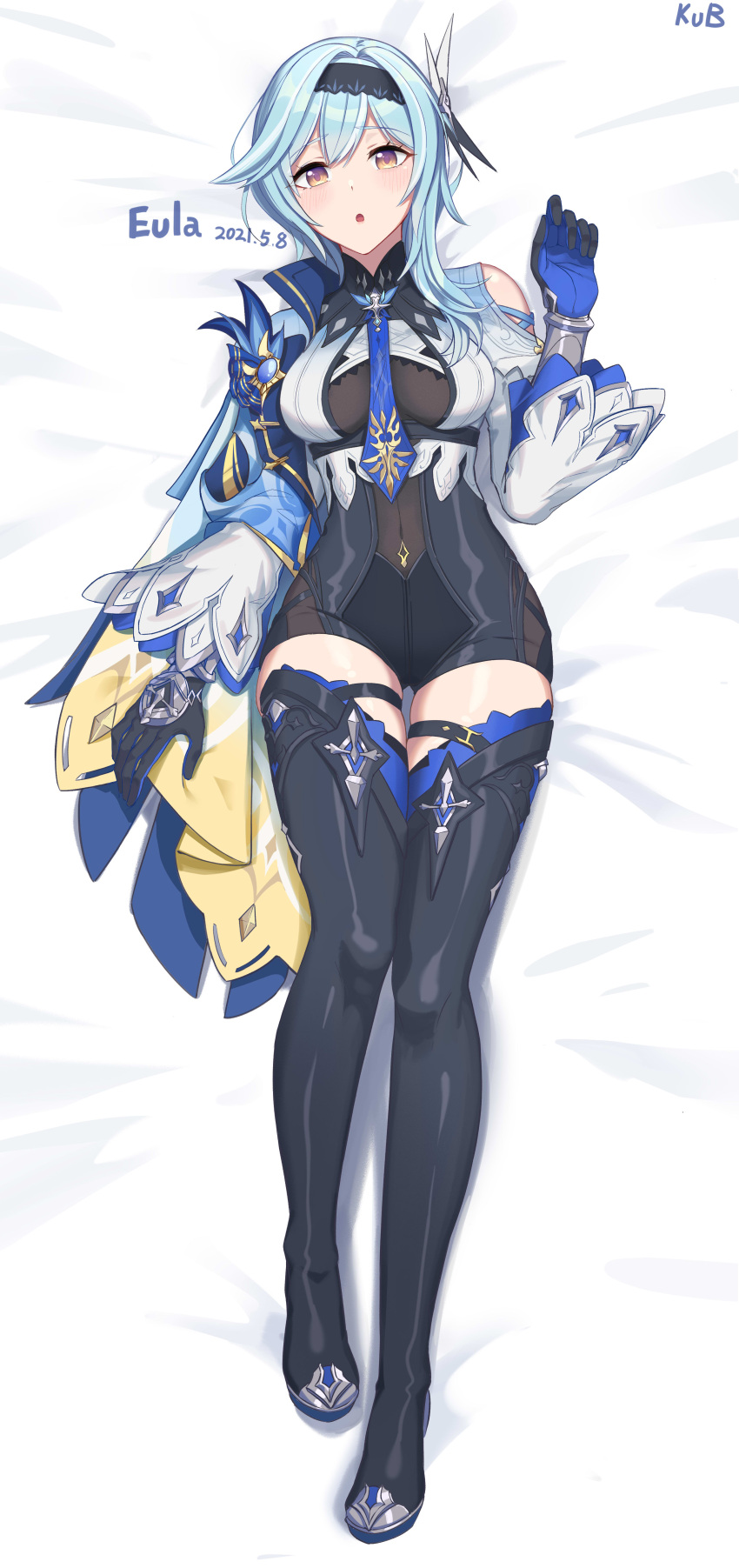 1girl :o absurdres bed_sheet black_gloves black_legwear blue_hair blue_neckwear bodystocking boots breasts cape character_name dakimakura_(medium) dated eula_(genshin_impact) full_body genshin_impact gloves hair_ornament hfp~kubiao highres long_sleeves looking_at_viewer lying medium_breasts necktie on_back open_mouth skindentation solo thigh-highs thigh_boots thigh_strap violet_eyes wide_sleeves