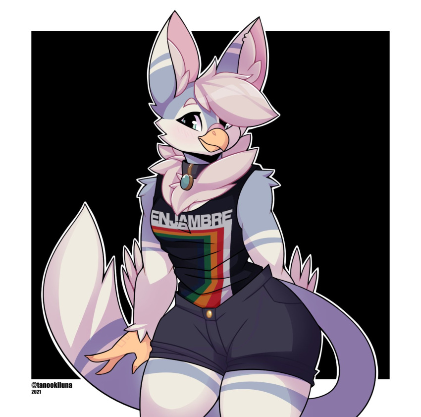 1girl 2021 animal_ear_fluff animal_ears artist_self-insert beak bird_girl collar contrapposto cowboy_shot fictional_persona furry highres hybrid looking_at_viewer original short_hair shorts silver_hair simple_background solo spanish_commentary tail tank_top tanookiluna twitter_username