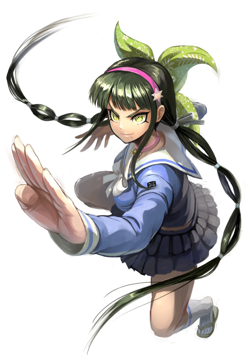 1girl bangs bell black_hair blunt_bangs bow chabashira_tenko choker closed_mouth dangan_ronpa_(series) dangan_ronpa_v3:_killing_harmony fighting_stance full_body green_eyes hair_bow hair_ornament hair_ribbon hairband highres layered_skirt long_hair long_sleeves miniskirt mole mole_under_mouth neck_bell pink_choker pleated_skirt ribbon sailor_collar school_uniform serafuku shiny shiny_hair shoes simple_background skirt smile solo twintails white_background white_bow white_legwear youko-shima