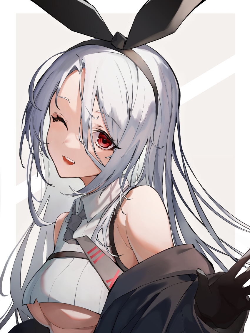 1girl ;d absurdres armpit_crease azur_lane bangs bare_shoulders black_gloves black_neckwear black_ribbon black_sleeves blush breasts collared_shirt commentary crop_top detached_sleeves eyebrows_visible_through_hair gloves hair_ribbon hand_up highres huge_filesize kabi_(zcwd8845) long_hair looking_at_viewer medium_breasts necktie one_eye_closed open_mouth prinz_heinrich_(azur_lane) red_eyes ribbed_shirt ribbon shirt sidelocks sleeveless sleeveless_shirt smile solo standing under_boob upper_body upper_teeth very_long_hair white_background white_hair