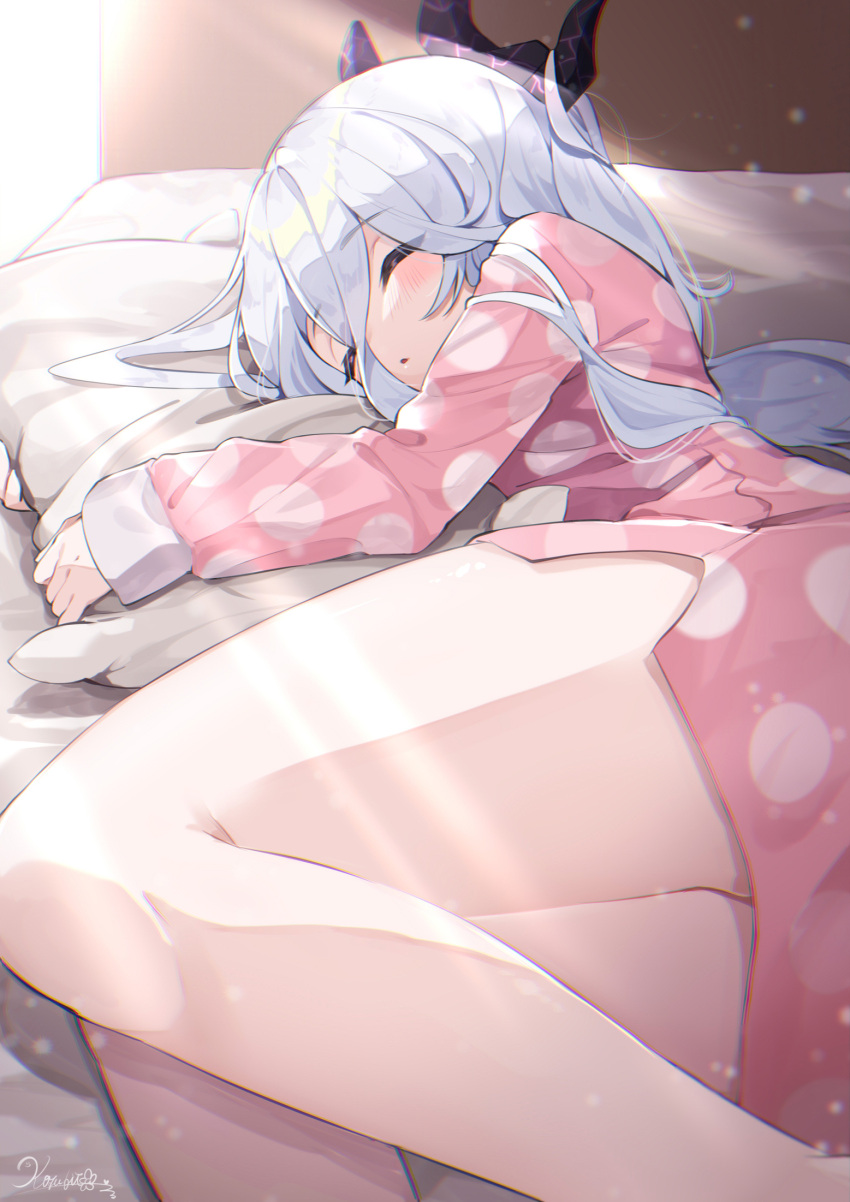 1girl bangs bare_legs blue_archive blush closed_eyes commentary eyebrows_visible_through_hair eyes_visible_through_hair feet_out_of_frame hair_between_eyes highres hina_(blue_archive) horns indoors koyubita long_hair long_sleeves lying on_bed on_side pajamas parted_lips pillow pillow_hug pink_pajamas polka_dot polka_dot_pajamas signature silver_hair sleeping solo