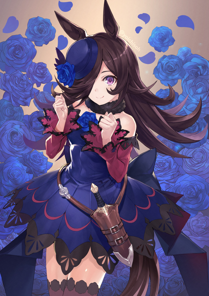 1girl animal_ears bare_shoulders black_legwear blue_dress blue_flower blue_headwear blue_rose brown_hair clenched_hands closed_mouth collarbone cowboy_shot dagger dress flower hair_over_one_eye hat hat_flower highres horse_ears horse_girl horse_tail itou_youichi long_hair long_sleeves off-shoulder_dress off_shoulder petals rice_shower_(umamusume) rose rose_petals sheath sheathed smile solo tail thigh-highs tilted_headwear twitter_username umamusume violet_eyes weapon
