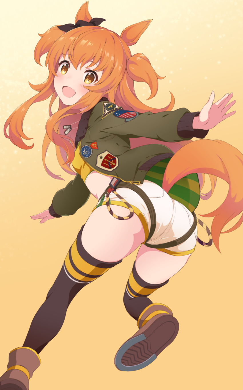 1girl :d animal_ears ass black_ribbon blush boots commentary_request crop_top dog_tags ear_ribbon eyebrows_visible_through_hair foot_out_of_frame gradient gradient_background green_jacket highres horse_ears horse_girl horse_tail horseshoe jacket long_hair looking_at_viewer looking_back mayano_top_gun_(umamusume) misashi_(raichi821) open_clothes open_jacket open_mouth orange_hair patch ribbon shirt short_shorts shorts smile solo tail thigh-highs twintails two_side_up umamusume white_shorts yellow_eyes yellow_shirt