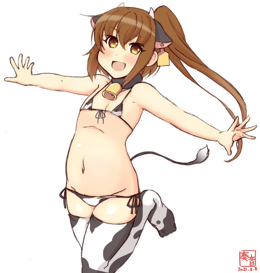 1girl animal_ears animal_print artist_logo bell belly bikini brown_eyes brown_hair commentary_request cow_ears cow_horns cow_print cow_tail cowbell dated ear_tag flat_chest front-tie_top fumizuki_(kancolle) highres horns kanon_(kurogane_knights) kantai_collection long_hair lowleg lowleg_bikini micro_bikini one-hour_drawing_challenge outstretched_arms ponytail side-tie_bikini simple_background smile solo swimsuit tail white_background white_bikini white_legwear