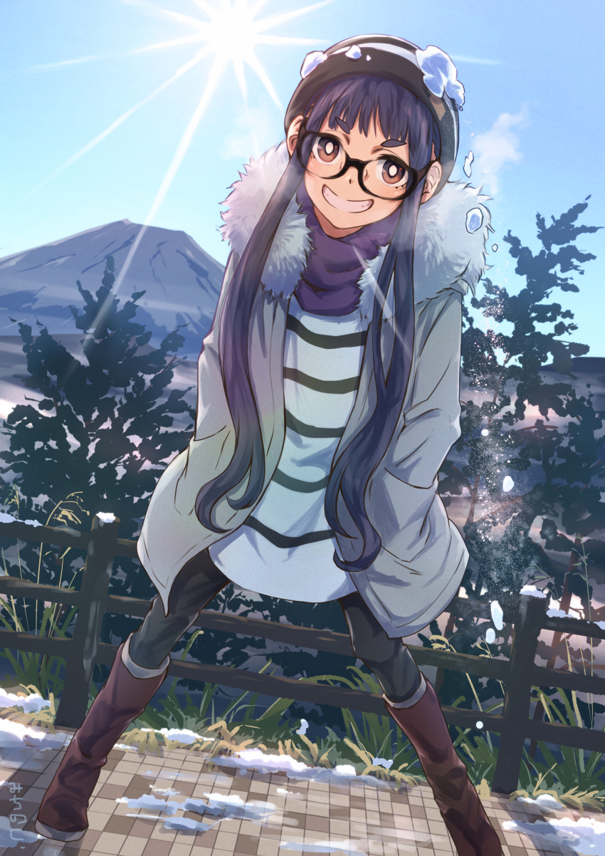 1girl absurdres beanie black-framed_eyewear black_pants boots brown_eyes diffraction_spikes fur-trimmed_jacket fur_trim glasses grin hands_in_pockets hat highres jacket knee_boots long_hair long_sleeves michinoku_(hiking_miusan18) mountain nature oogaki_chiaki pants purple_hair scarf sidelocks smile snow snow_on_head solo standing thick_eyebrows very_long_hair winter winter_clothes yurucamp