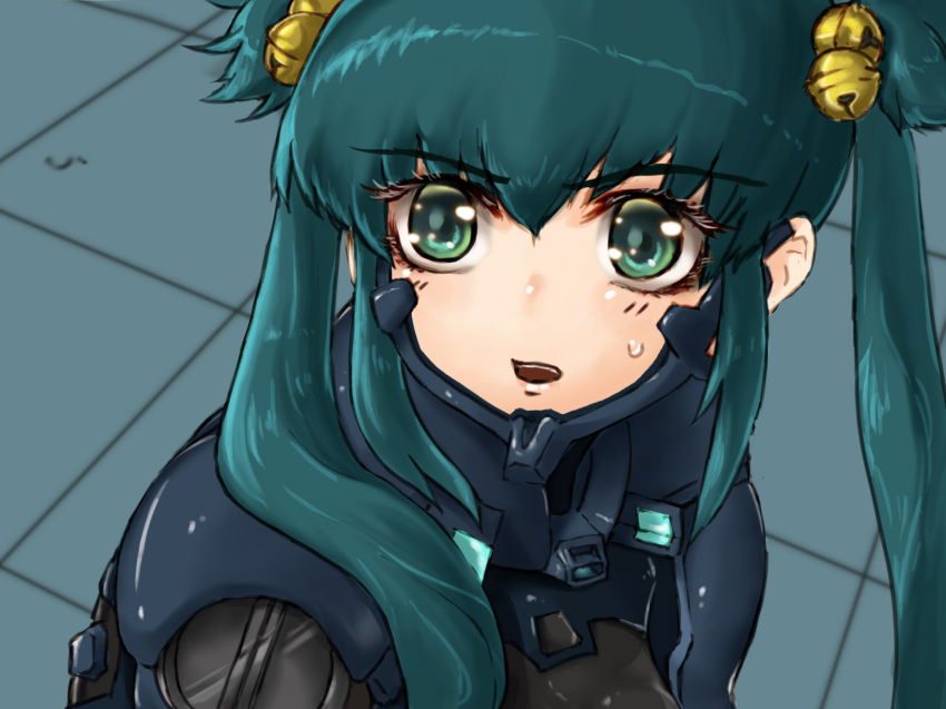 1girl aqua_hair black_bodysuit bodysuit commentary_request cui_yifei eyebrows_visible_through_hair fortified_suit green_eyes highres long_hair looking_to_the_side muvluv muvluv_alternative muvluv_total_eclipse nanabankarasu open_mouth pilot_suit portrait sailor_moon_redraw_challenge short_twintails solo sweatdrop tile_floor tiles twintails v-shaped_eyebrows
