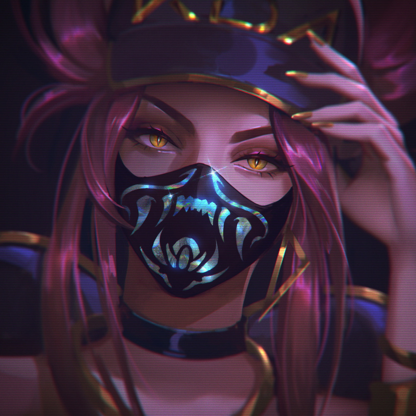 1girl akali black_background black_choker choker gold_nails gradient gradient_background hand_up highres league_of_legends long_hair looking_at_viewer mask mouth_mask pink_hair portrait purple_headwear shiny shiny_hair shiny_skin simple_background slit_pupils solo solraka yellow_eyes