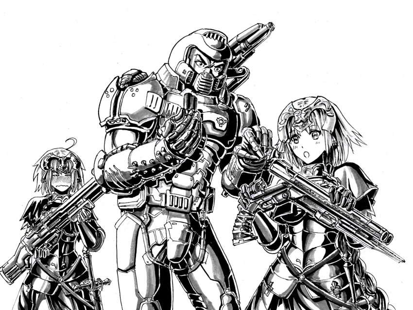 1boy 2girls :o ahoge armor bangs blush doom_(series) doomguy fate/grand_order fate_(series) gauntlets greyscale gun hands_up headpiece helmet highres holding holding_gun holding_weapon jeanne_d'arc_(fate)_(all) monochrome multiple_girls sheath sheathed short_hair standing substance20 sword weapon