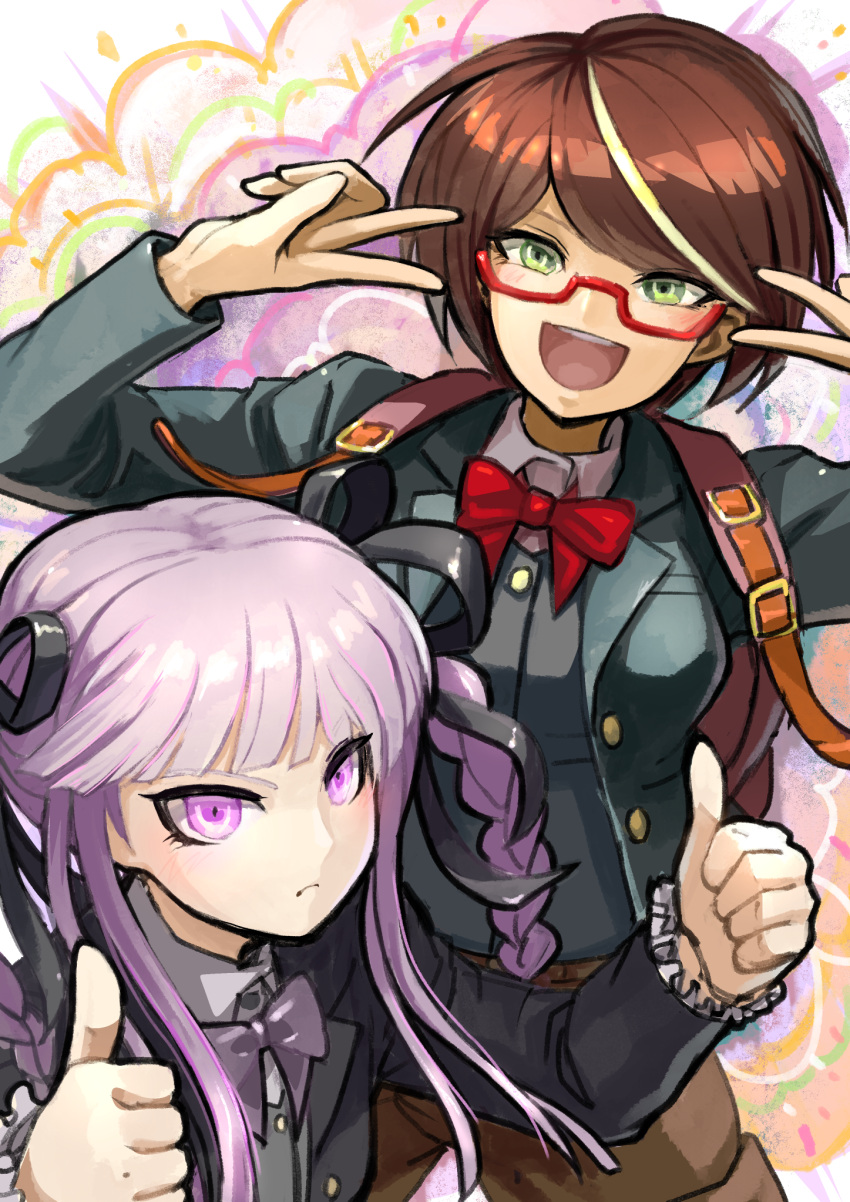 2girls :d bangs black_jacket black_ribbon bow bowtie braid breasts brown_hair commentary_request dangan_ronpa_(series) dangan_ronpa_kirigiri glasses green_eyes highres jacket kirigiri_kyouko long_sleeves looking_at_viewer multicolored multicolored_background multicolored_hair multiple_girls open_clothes open_jacket open_mouth pink_eyes purple_hair red_bow ribbon samidare_yui semi-rimless_eyewear shiny shiny_hair short_hair smile streaked_hair thumbs_up twin_braids upper_teeth v violet_eyes youko-shima