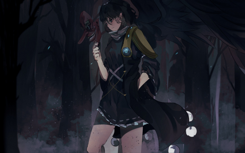 1girl 2others armor bare_tree bird_wings black_dress black_hair blue_headwear breasts bright_pupils dress expressionless feet_out_of_frame hair_between_eyes hand_up hat highres iizunamaru_megumu long_hair looking_ahead medium_breasts multiple_others naufaldreamer night oni_mask outdoors pointy_ears pom_pom_(clothes) solo tokin_hat touhou tree walking white_pupils wings