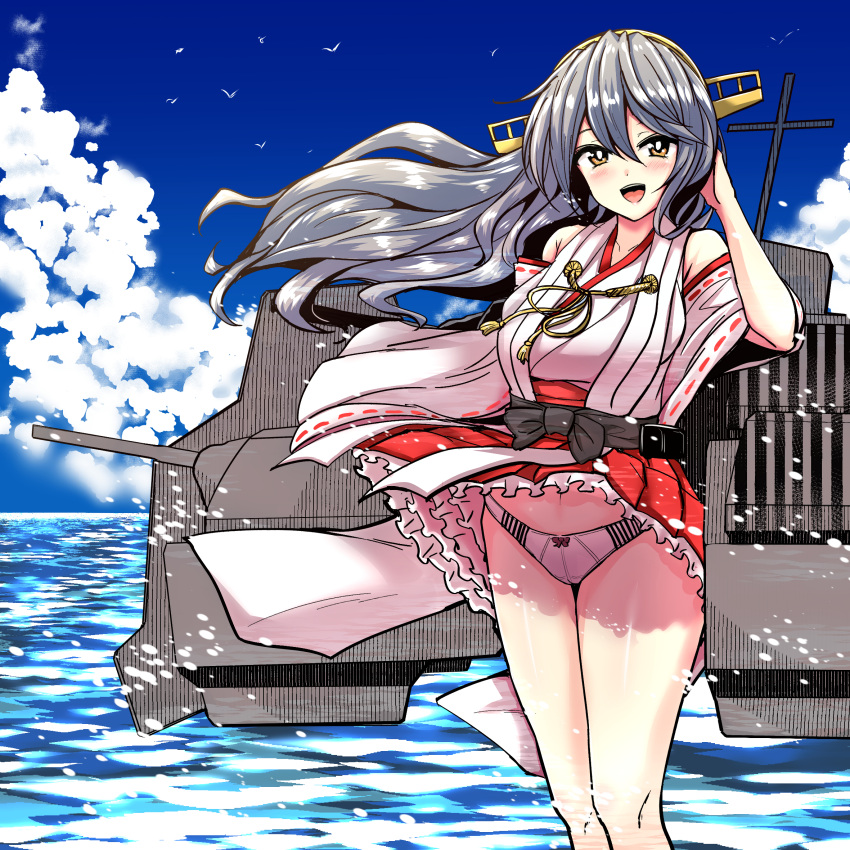 1girl blue_sky brown_eyes cannon clouds day detached_sleeves frilled_skirt frills grey_hair hair_ornament hairband hairclip haruna_(kancolle) headgear highres japanese_clothes kantai_collection long_hair nontraditional_miko outdoors panties red_skirt remodel_(kantai_collection) ribbon-trimmed_sleeves ribbon_trim rigging skirt skirt_lift sky solo standing striped striped_panties toda_kazuki turret underwear wind wind_lift