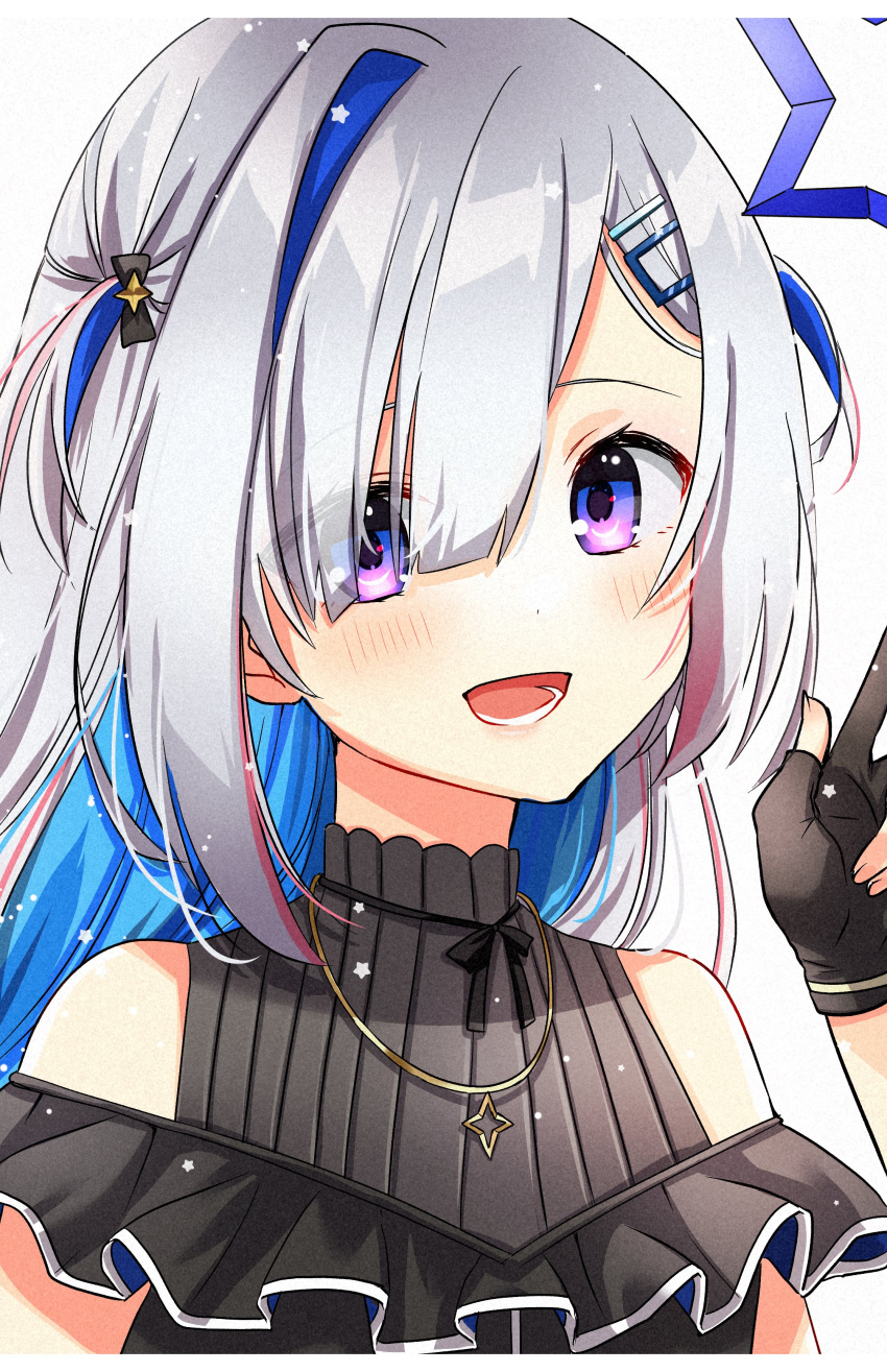 1girl :d absurdres amane_kanata asymmetrical_hair bangs black_gloves black_ribbon black_shirt blue_hair blush colored_inner_hair commentary eyes_visible_through_hair fingerless_gloves frills gloves hair_between_eyes hair_ornament hairclip halo highres hololive jewelry long_hair looking_at_viewer multicolored_hair neck_ribbon necklace official_alternate_costume open_mouth parted_bangs pink_hair portrait ribbed_shirt ribbon shigure0730 shirt short_twintails silver_hair simple_background smile solo star_(symbol) star_necklace straight_hair streaked_hair turtleneck twintails violet_eyes virtual_youtuber white_background