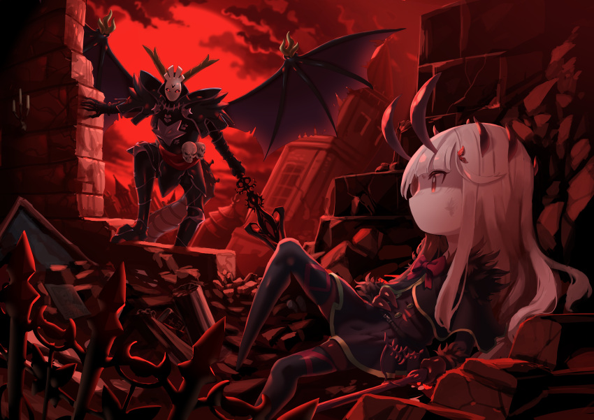 1girl 1other absurdres bangs bat_wings black_legwear blunt_bangs bruise colored_skin evil_(okame_nin) fewer_digits highres holding holding_spear holding_weapon horns injury lying mask no_mouth okame_nin on_back original polearm reclining red_eyes red_sky red_theme ruins skull sky spear spread_wings thigh-highs weapon white_hair white_skin wings