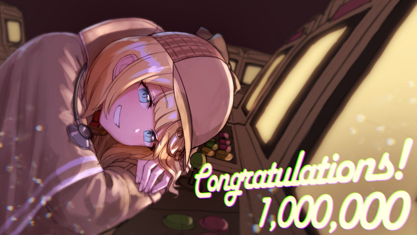 1girl arimoto_wataru bangs blonde_hair blue_eyes blunt_bangs blurry blush brown_capelet buttons controller deerstalker depth_of_field english_text grin hat head_rest highres hololive hololive_english indoors joystick long_sleeves looking_at_viewer milestone_celebration necktie red_neckwear shiny shiny_hair short_hair smile solo virtual_youtuber watson_amelia