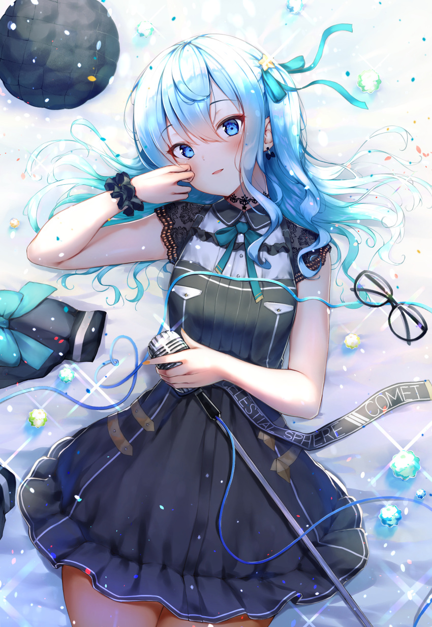 1girl absurdres bangs black_dress blue_eyes blue_hair collared_dress dress earrings eyebrows_visible_through_hair hair_between_eyes highres hololive hoshimachi_suisei ijac_ray jewelry looking_at_viewer lying medium_hair microphone nail_polish on_back open_mouth orange_nails pantyhose short_sleeves solo virtual_youtuber