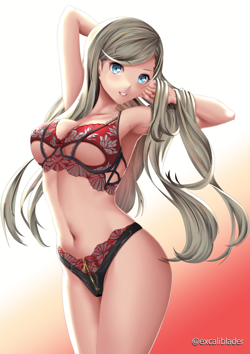 1girl armpits arms_up blonde_hair blue_eyes blush bra breasts collarbone crotch_zipper excaliblader eyebrows_visible_through_hair frilled_bra frills highres long_hair looking_at_viewer medium_breasts navel panties parted_lips persona persona_5 red_bra red_panties simple_background smile solo standing takamaki_anne thighs twitter_username under_boob underwear underwear_only very_long_hair zipper