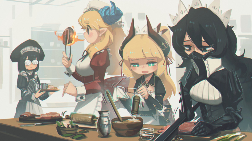 4girls :d absurdres armor bangs black_eyes black_hair blonde_hair blunt_bangs bowl breathing_fire cleaning_glasses commentary cooking curled_horns english_commentary executioner_maid_(centuriic) eyebrows_visible_through_hair eyes_visible_through_hair fire flareze_(porforever) food freckles gauntlets glasses green_eyes hat highres horns indoors juliet_sleeves kitchen long_sleeves maid maid_headdress mask meat mouth_mask multiple_girls opaque_glasses open_mouth original pointy_ears porforever puffy_sleeves rolling_pin smile sweatdrop sword weapon