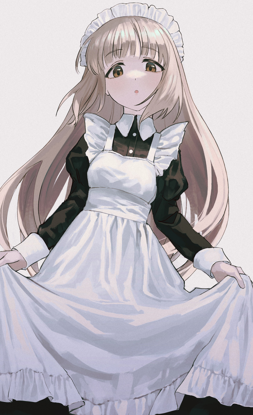 1girl :o alternate_costume apron bangs black_dress breasts brown_background brown_eyes brown_hair collared_dress commentary_request dress enmaided eyebrows_visible_through_hair frilled_apron frills highres idolmaster idolmaster_cinderella_girls juliet_sleeves long_hair long_sleeves looking_at_viewer maid maid_apron maid_headdress parted_lips puffy_sleeves ryokucha_manma simple_background small_breasts solo very_long_hair white_apron yorita_yoshino