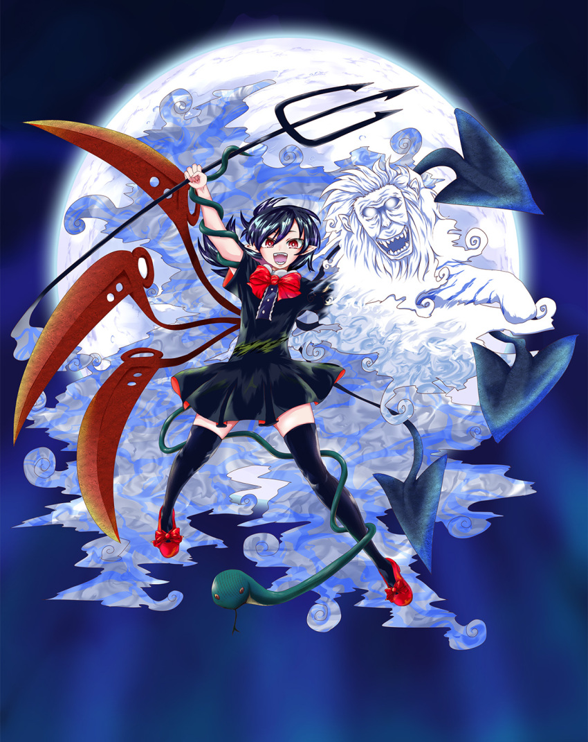 1girl asymmetrical_wings bangs black_dress black_hair black_legwear blue_wings bow bowtie buttons center_frills commentary_request dress footwear_bow frilled_dress frills full_body ghost highres houjuu_nue looking_at_viewer mary_janes medium_hair moon nue open_mouth pitchfork pointy_ears red_bow red_eyes red_footwear red_neckwear red_wings shoes short_dress short_sleeves snake thigh-highs touhou wings yokochou