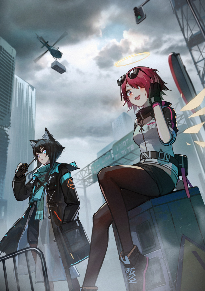 2girls angel_wings animal_ear_fluff animal_ears aqua_eyes arknights belt black_hair black_jacket black_legwear blush building character_request city cityscape clouds cloudy_sky exusiai_(arknights) halo highres id_card jacket looking_at_viewer mek multiple_girls name_tag open_mouth outdoors pantyhose red_eyes redhead shoes short_hair sitting sky skyscraper standing sunglasses wings