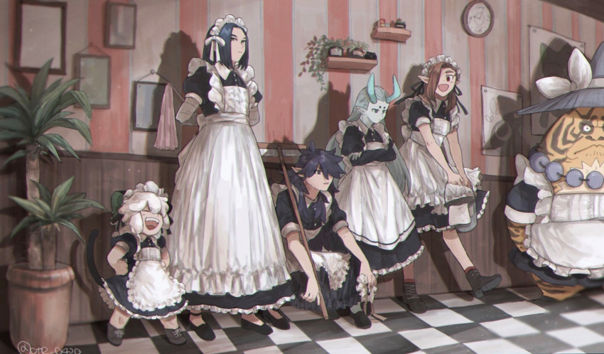 6+boys alternate_costume apron black_dress black_hair brown_hair clock closed_eyes crossdressinging crossed_arms dress enmaided fengxi_(the_legend_of_luoxiaohei) frilled_apron frilled_dress frills hair_over_one_eye highres horns leaf long_hair luoxiaohei luozhu_(the_legend_of_luoxiaohei) maid multiple_boys open_mouth ote_0420 plant pointy_ears potted_plant shadow smile the_legend_of_luo_xiaohei tianhu_(the_legend_of_luoxiaohei) twitter_username white_apron wuxian_(the_legend_of_luoxiaohei) xuhuai_(the_legend_of_luoxiaohei)