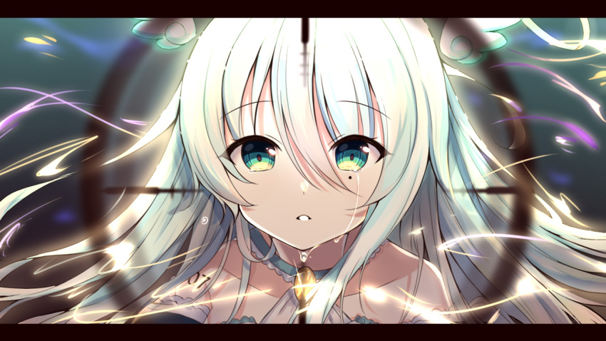 1girl bangs bare_shoulders blurry blurry_foreground collarbone crosshair crying crying_with_eyes_open depth_of_field eyebrows_visible_through_hair green_eyes hair_between_eyes hibana_(vocaloid) letterboxed long_hair looking_at_viewer lydia601304 mole mole_under_eye original parted_lips silver_hair solo tears