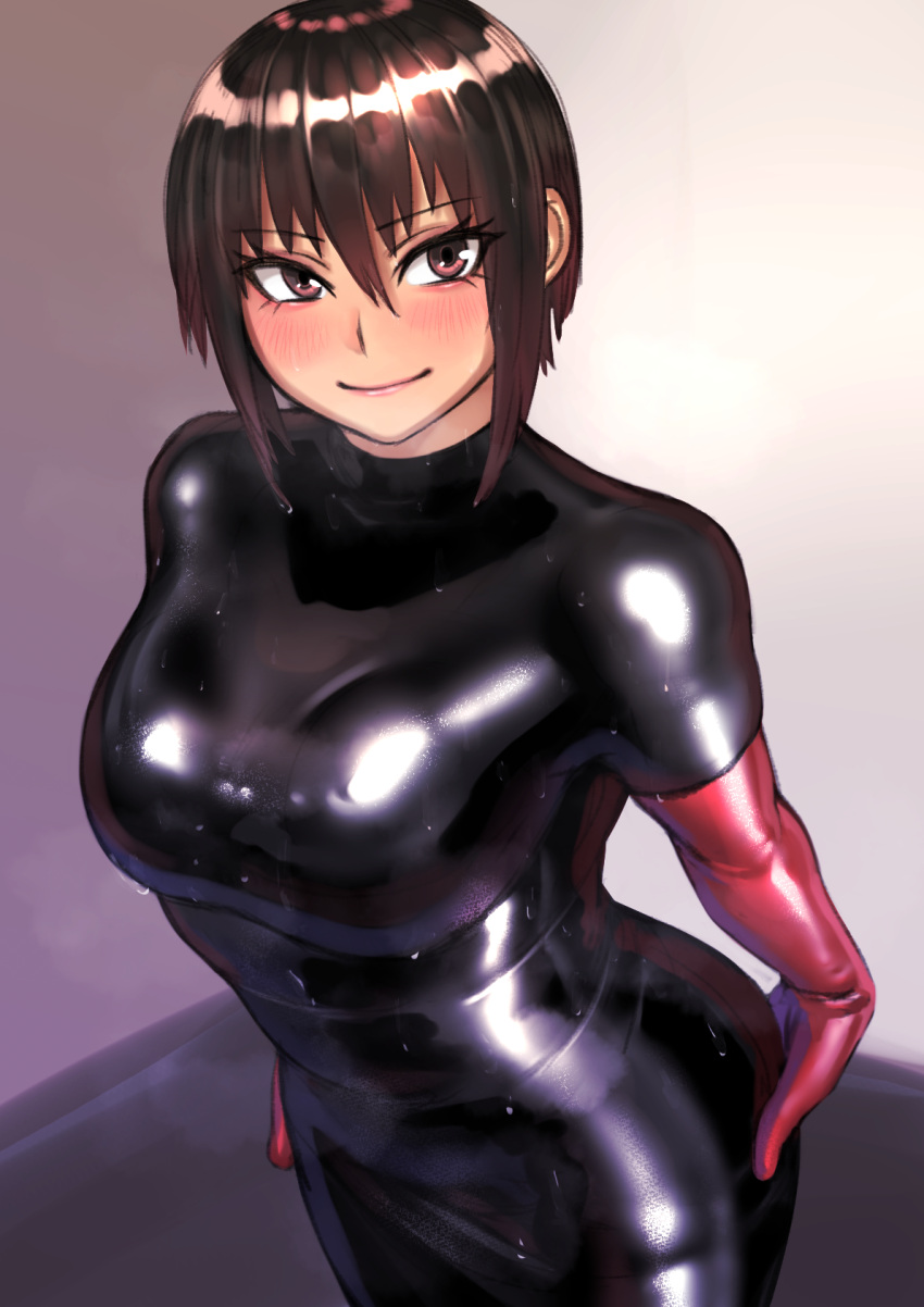 1girl blush bodysuit brown_eyes brown_hair eyebrows_visible_through_hair from_above hair_between_eyes hand_on_ass highres kilye_4421 late latex_bodysuit looking_to_the_side original sidelocks skin_tight smile solo