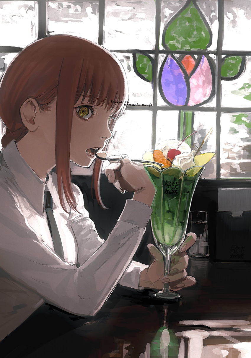 1girl black_neckwear braid braided_ponytail breasts chainsaw_man cherry collared_shirt commentary cream dress_shirt eating eyelashes food from_side fruit glass highres holding holding_spoon ice ice_cream ice_cube indoors long_sleeves makima_(chainsaw_man) makimasansuki medium_breasts medium_hair necktie open_mouth orange_(food) orange_slice parfait pocky profile redhead restaurant ringed_eyes shirt sidelocks sitting solo spoon stained_glass sunlight twitter_username upper_body whipped_cream white_shirt wing_collar yellow_eyes