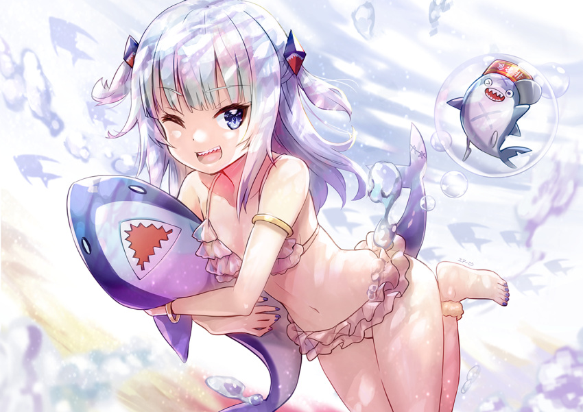 1girl bangle bangs barefoot bikini bloop_(gawr_gura) blue_eyes blue_hair blue_nails blunt_bangs bracelet fish_tail frilled_bikini frills gawr_gura hair_ornament hololive hololive_english jewelry looking_at_viewer medium_hair multicolored_hair nail_polish omgamilla one_eye_closed open_mouth pink_bikini shark_girl shark_hair_ornament shark_tail sharp_teeth silver_hair smile solo streaked_hair swimsuit tail teeth toenail_polish virtual_youtuber