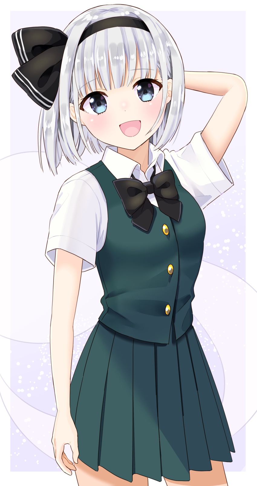 1girl :d absurdres arm_behind_head arm_up black_bow black_hairband black_neckwear blue_eyes blush bow bowtie buttons commentary_request contrapposto cowboy_shot eyebrows_visible_through_hair green_skirt green_vest hair_ribbon hairband highres hitodama konpaku_youmu konpaku_youmu_(ghost) looking_at_viewer open_mouth pleated_skirt ribbon short_hair silver_hair simple_background skirt smile solo stigma1101 touhou vest white_background