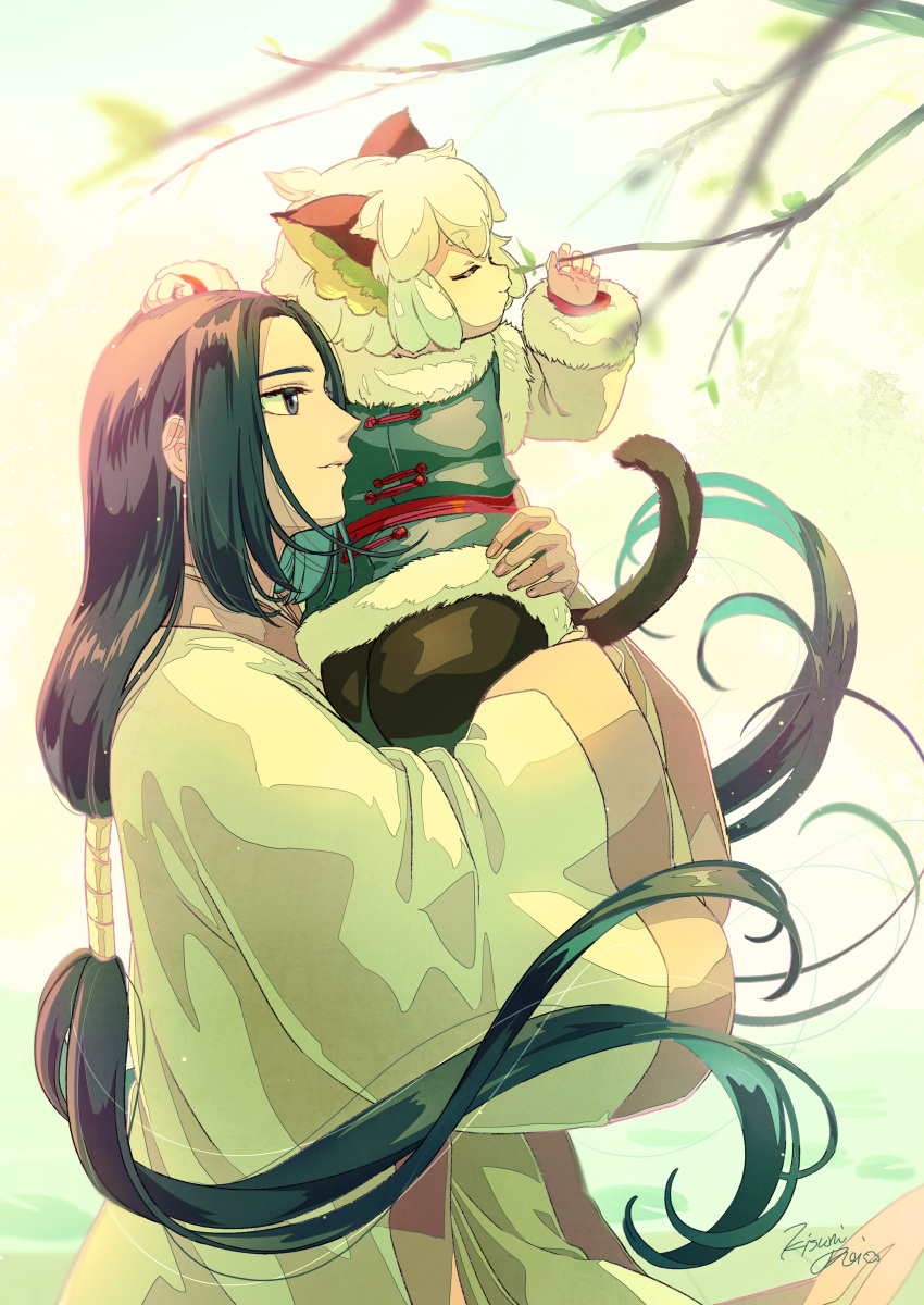 2boys absurdres animal_ears black_hair cat_boy cat_ears cat_tail closed_eyes eyebrows_visible_through_hair fur_trim hand_up highres kisumi_rei leaf long_hair long_sleeves luoxiaohei multiple_boys plant profile short_hair signature tail the_legend_of_luo_xiaohei tree very_long_hair white_hair wide_sleeves wuxian_(the_legend_of_luoxiaohei)