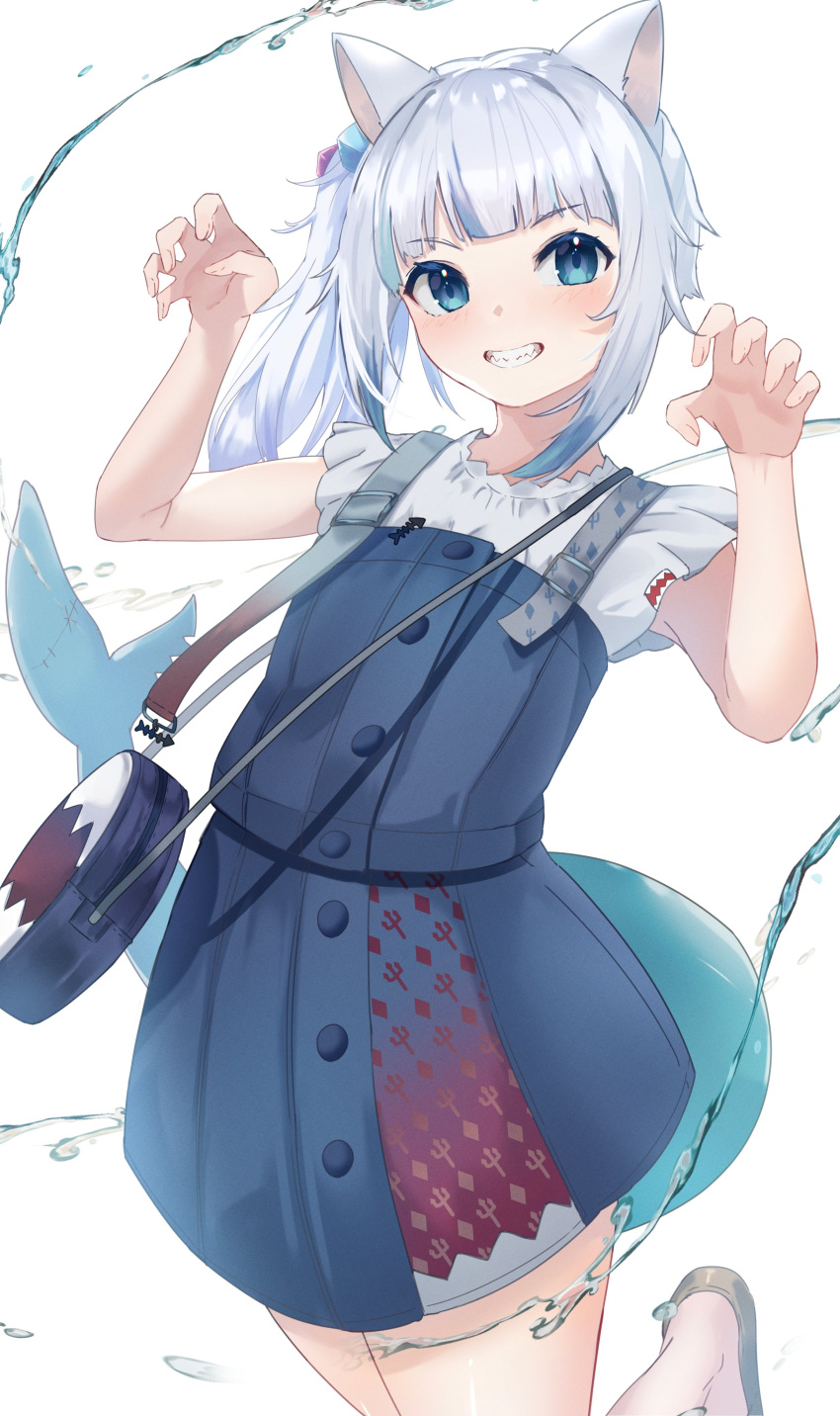1girl absurdres animal_ears bangs blue_eyes blue_hair blush cat_ears fish_tail gawr_gura highres hololive hololive_english looking_at_viewer mono_1010 multicolored_hair open_mouth shark_tail sharp_teeth silver_hair smile solo streaked_hair tail teeth virtual_youtuber
