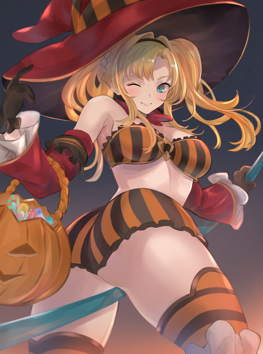 1girl absurdres ass blonde_hair blue_eyes blush breasts gloves granblue_fantasy hair_ornament halloween halloween_bucket halloween_costume happy_halloween hat highres jack-o'-lantern long_hair looking_at_viewer open_mouth polearm pumpkin renzu_(lens_02) shorts simple_background smile solo spear thigh-highs twintails weapon witch_hat zeta_(granblue_fantasy)