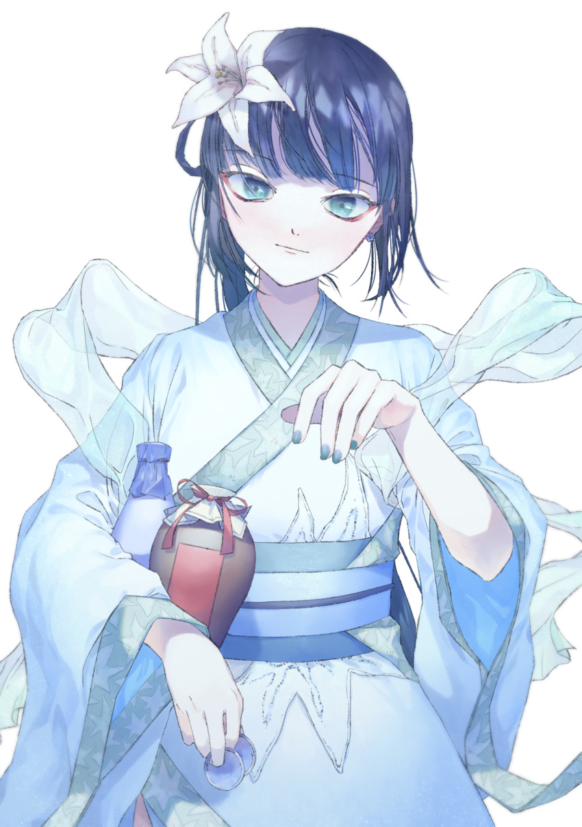 1girl bangs black_hair bottle chinese_clothes closed_mouth cup eyebrows_visible_through_hair fate/grand_order fate_(series) flower green_nails hair_flower hair_ornament hanfu highres holding holding_cup jing_ke_(fate) long_hair looking_at_viewer nail_polish ponytail sake_bottle sakiso_(sydw2423) sash smile teacup white_background white_flower wine_bottle