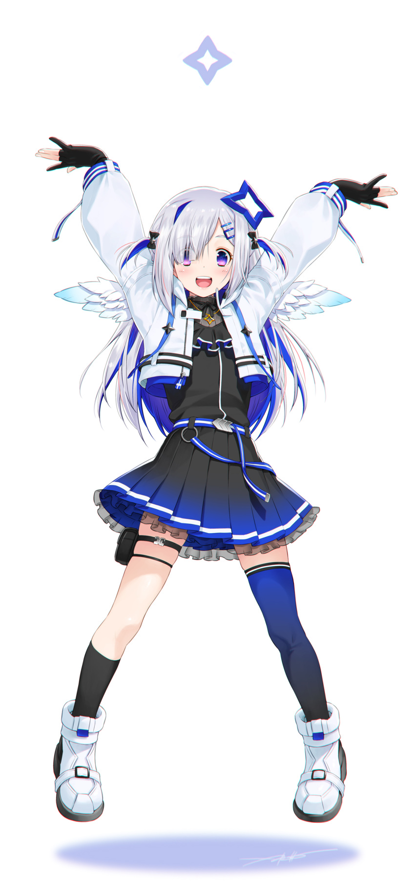 1girl absurdres amane_kanata angel_wings asymmetrical_legwear bangs belt black_bow black_legwear black_shirt black_skirt blue_hair blue_legwear blue_skirt bow eyebrows_visible_through_hair fingerless_gloves full_body gloves gradient gradient_legwear gradient_skirt hair_bow hair_ornament hair_over_one_eye hairclip hands_up highres hololive holster jacket jewelry kazuma_muramasa legs_apart long_hair looking_at_viewer multicolored_hair neck_ruff necklace official_alternate_costume open_clothes open_jacket open_mouth pleated_skirt shirt shoes sidelocks signature silver_hair single_thighhigh skindentation skirt smile sneakers solo streaked_hair swept_bangs thigh-highs thigh_holster thigh_strap upper_teeth violet_eyes virtual_youtuber white_jacket wings