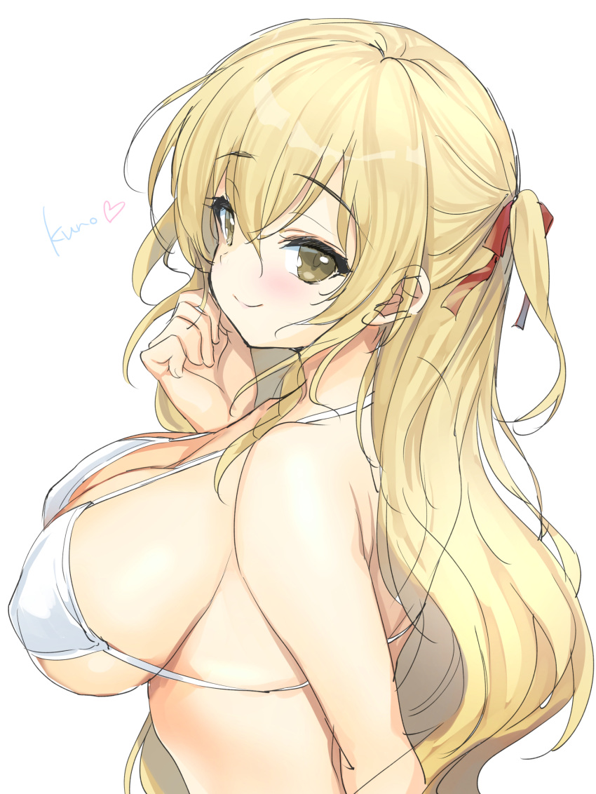 1girl bangs bikini blonde_hair blush breasts character_name emily_(pure_dream) hair_ribbon hand_up heart highres large_breasts long_hair looking_at_viewer one_side_up original ribbon simple_background smile solo swimsuit white_background white_bikini yellow_eyes